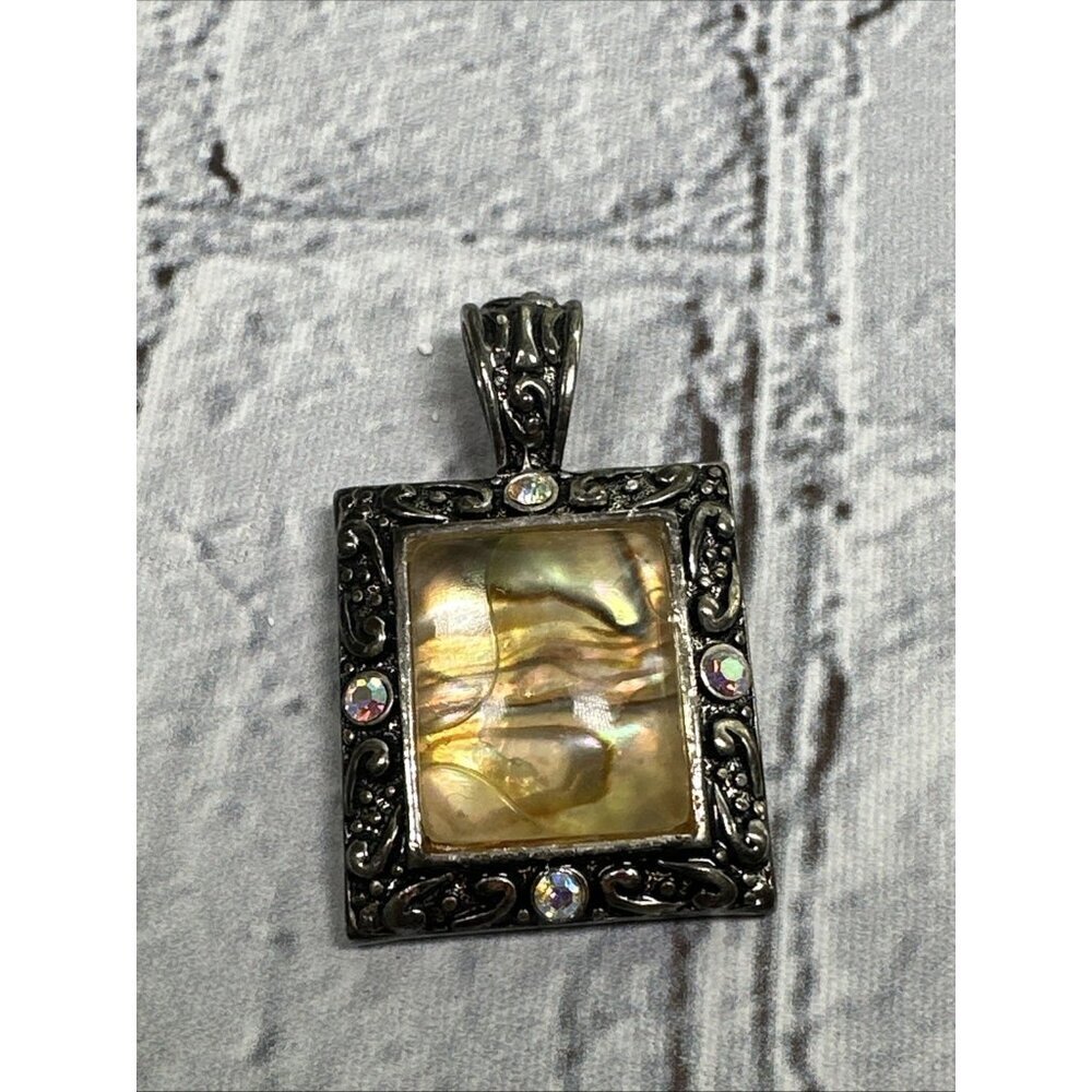 Abalone Shell Yellow Rectangular Pendant Silver Frame 1-1/8" x 1-1/4